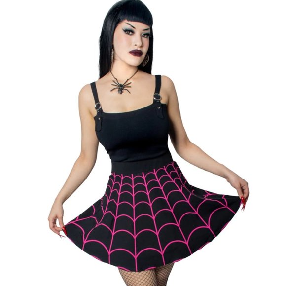 Black Pink Spiderweb Skater Circle Fit Flare Skirt S-M-L-XL-2XL NWT - Picture 2 of 3